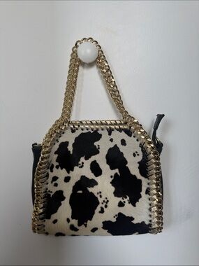 Black & White Cowhide Chain-Trim Tote Bag